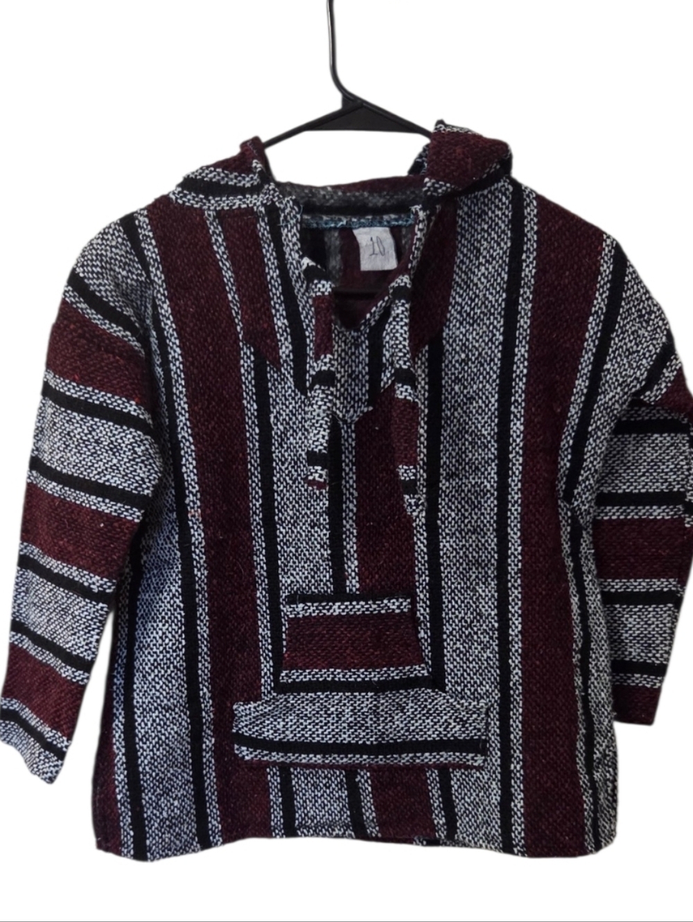 Kids Baja Hoodie Mexican Blanket Pullover Striped Red Black White Handmade